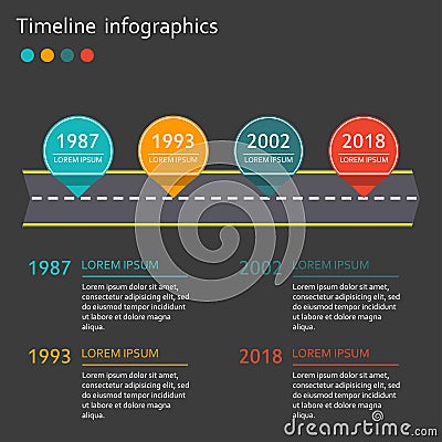 Timeline infographics template with arrow from asphalt road and map pointers. Vector illustration Vector Illustration